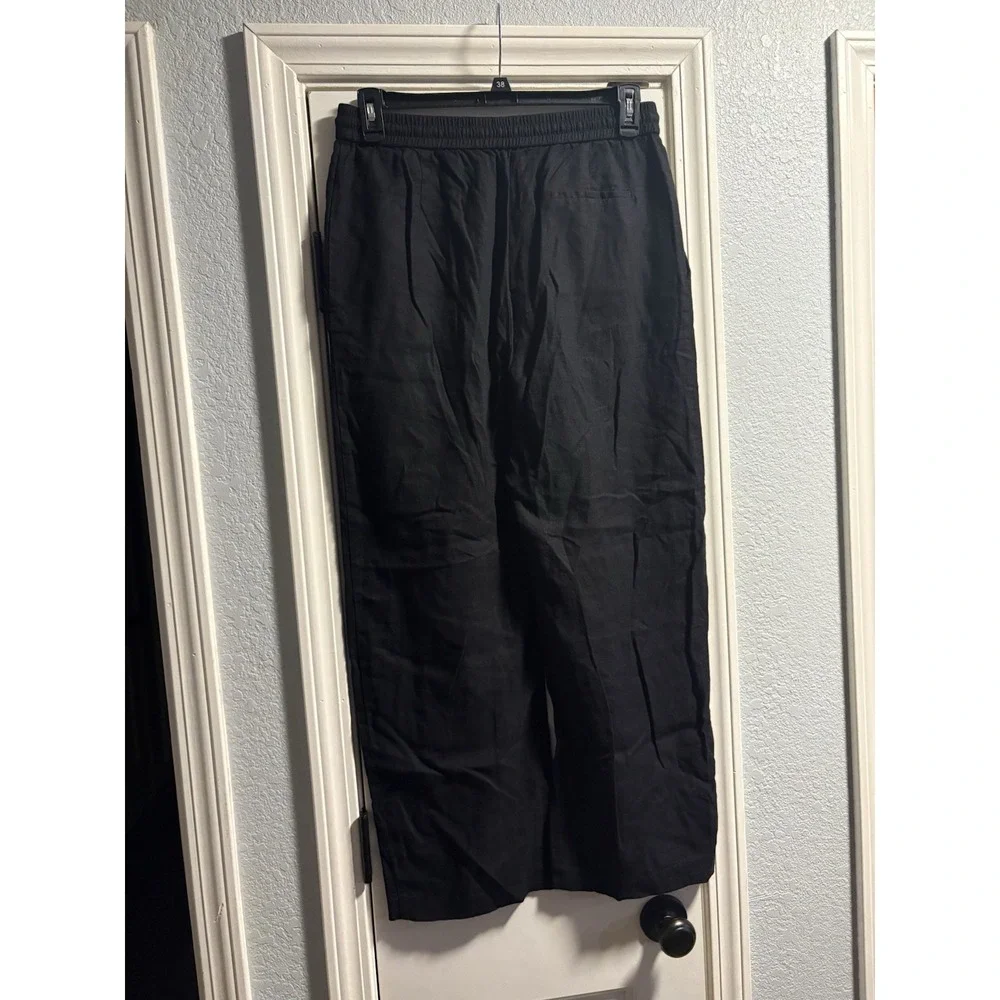 Zara Linen Blend Pants Women Large Black Wide Leg Elastic Drawstring Trousers